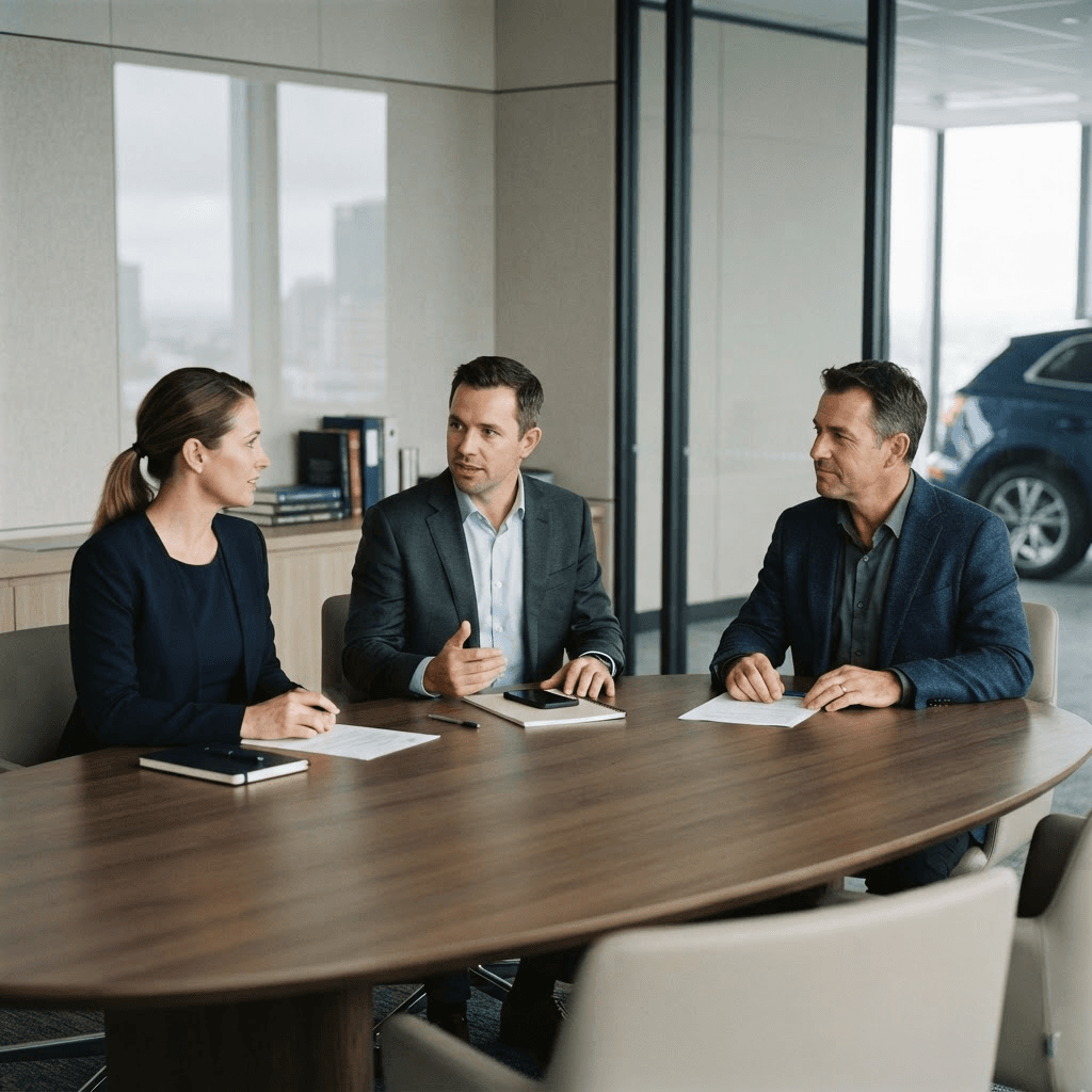 Senior automotive, legal and technical leaders reviewing information-access and governance matters
